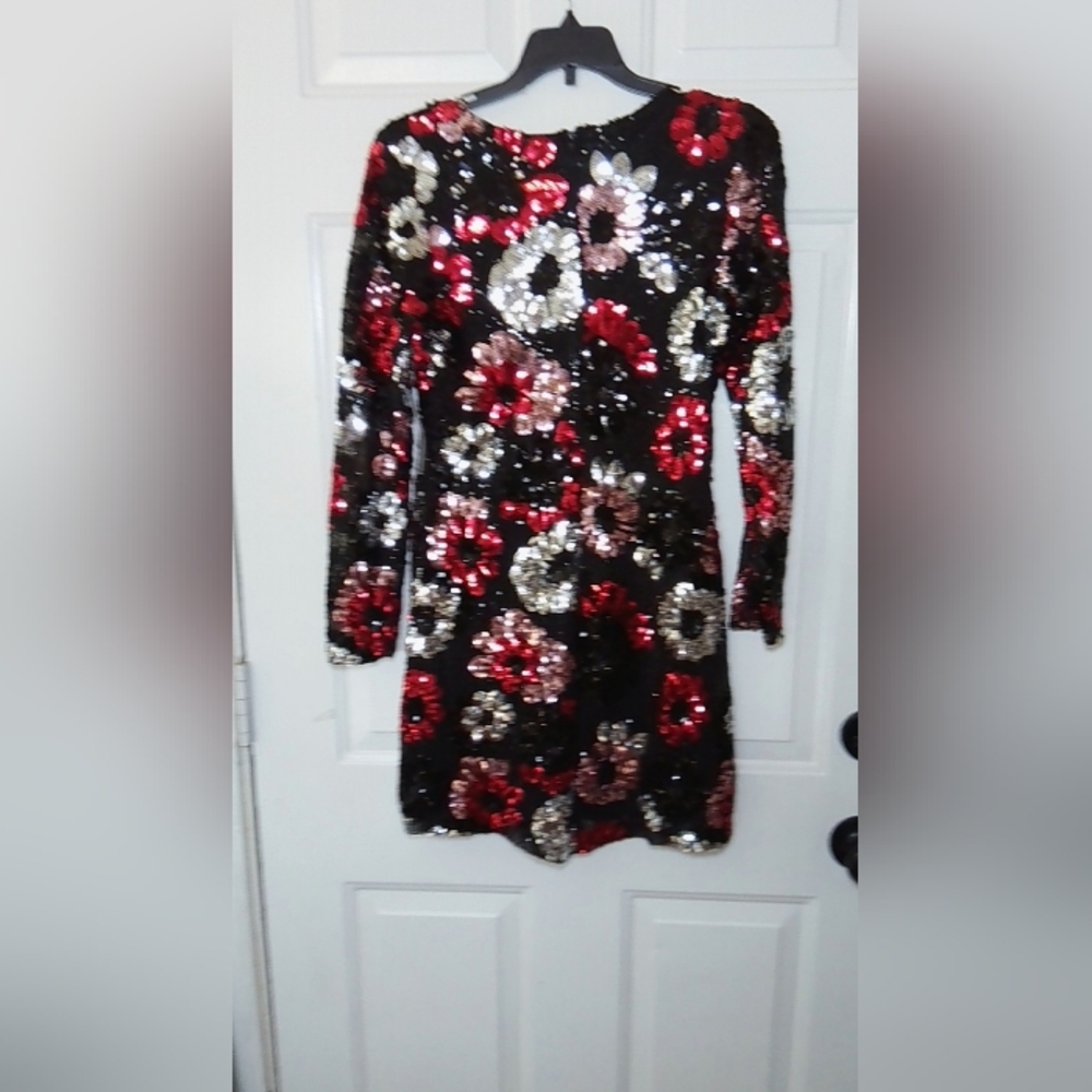 Premier Long Sleeve Sequin Dress - Black, Red, Silver